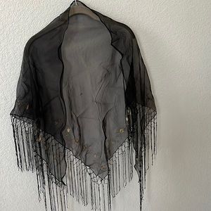 Black Lace Elegant Shaw with Gold flowers & Fringe Accents.